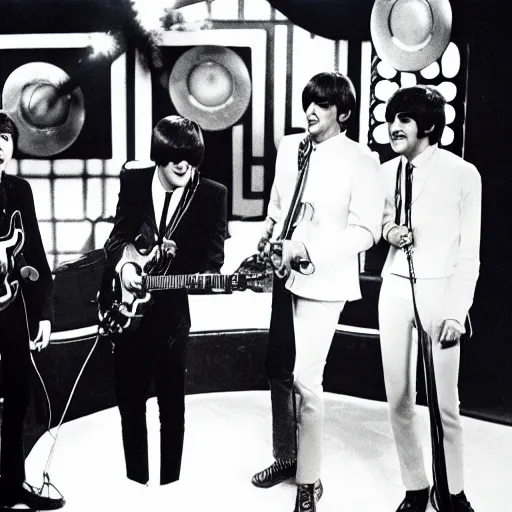 Prompt: the beatles as an emo rock and roll band on the ed sullivan show