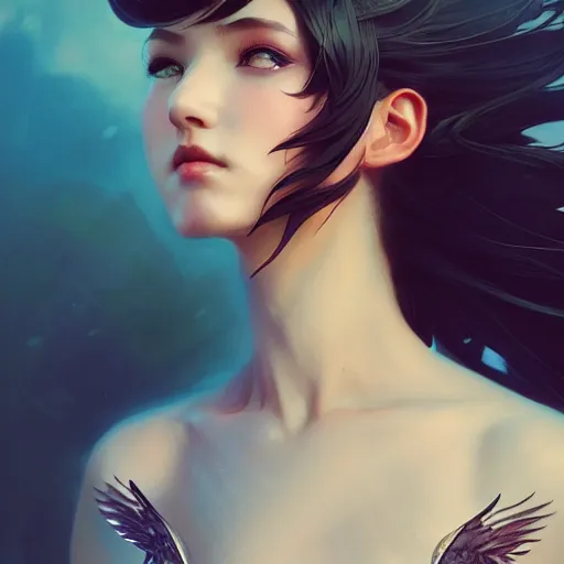 Image similar to 3 / 4 view of a portrait of woman with bird wings, confident pose, pixie, genshin impact,, intricate, elegant, sharp focus, illustration, highly detailed, concept art, matte, trending on artstation, anime, bright colors, art by wlop and artgerm and greg rutkowski, marvel comics h 6 4 0