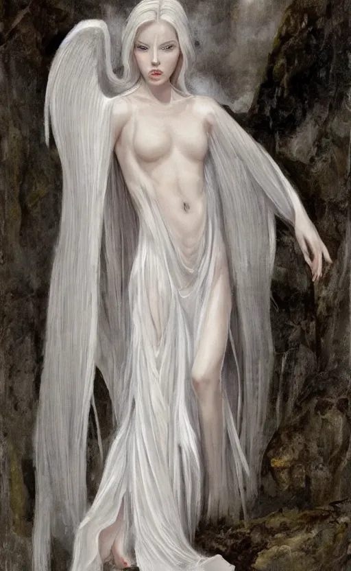 Image similar to thin angel with silver hair so pale and wan!, thin!, flowing robes, covered in robes, lone pale wan fair skinned goddess, wearing robes of silver, flowing, pale skin, young cute face, covered!!, clothed!! oil on canvas, style of lucien levy - dhurmer and jean deville, 4 k resolution, aesthetic!, mystery