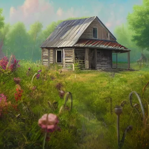 Image similar to a matte painting of a midwestern countryside, shack close up, very overgrown, patchy flowers, oil painting, pale colors, high detail, 8 k, wide angle, trending on artstation,