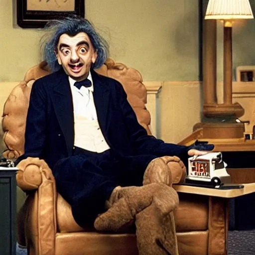 Image similar to mr. bean as einstien in'einstein sticks his tongue out'photo