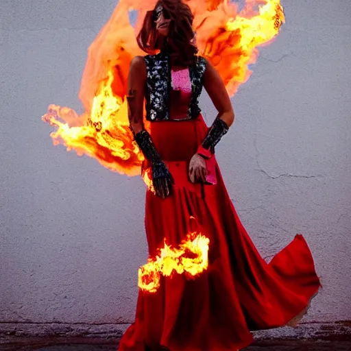 Image similar to “ a full - body fashion photograph of a hispanic fashionista wearing dresses made out of fire, high quality, high definition, ultra hq, highly detailed ”