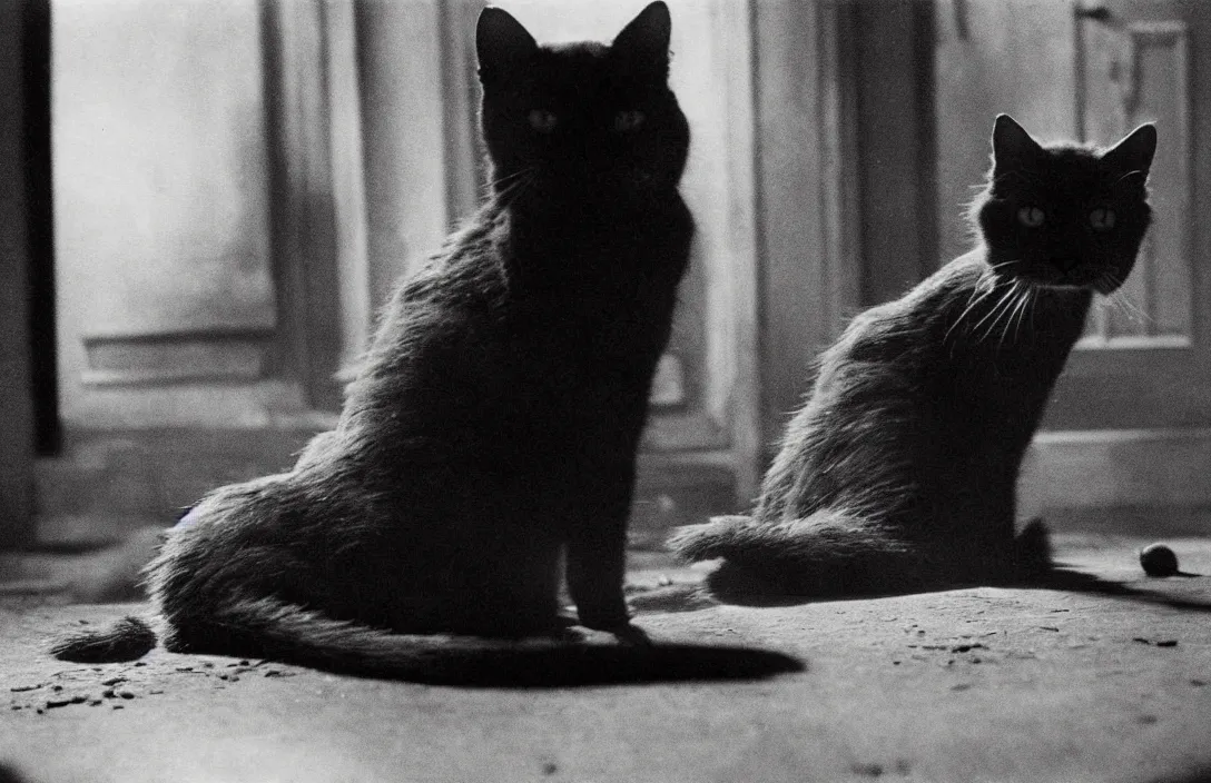 Prompt: wanders in disconsolate disarray half - eaten cat a romantic approach gun camera footage intact flawless ambrotype from 4 k criterion collection remastered cinematography gory horror film, ominous lighting, evil theme wow photo realistic postprocessing 8 k hyper real photo imax rectilinear lens pieter s aenredam