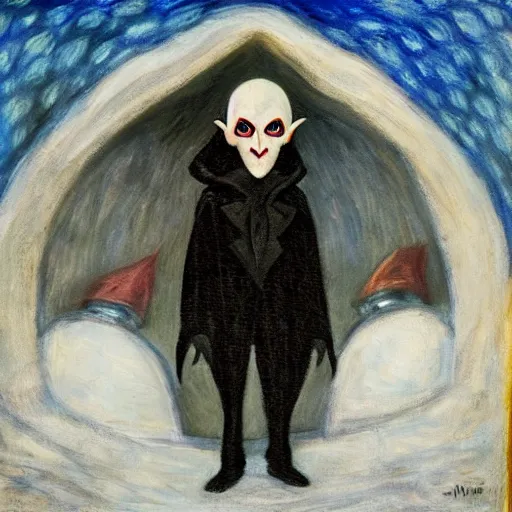 Image similar to Nosferatu in an igloo painting an impressionist self-portrait