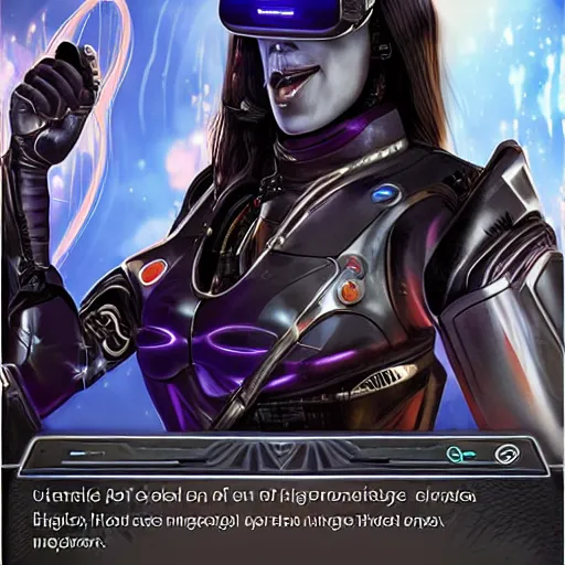 Image similar to portrait of a female cyborg character, chrome, vr headset, wires, side profile, in style of a magic the gathering trading card with high details