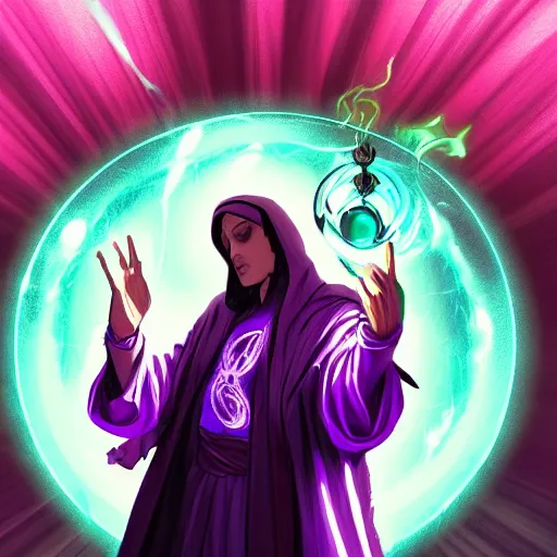 Image similar to a warlock is casting a magic spell, while magic orb is floating in his hand, the magic orb emit a purple vapour, dynamic pose, chromatic aberration , medium level shot, Mucha style , Grim fantasy, illustration ,digital painting, concept art,