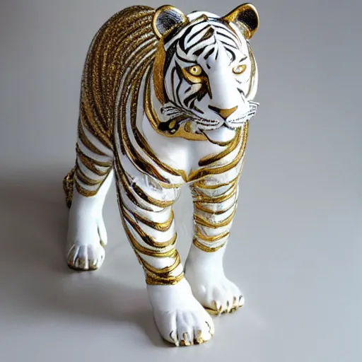 Image similar to gorgeous white tiger statue with gold filigree