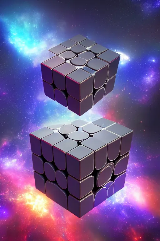 Image similar to cosmic parallel universe rubik's cube tesseract with wormholes, energy and galaxies around it. epic, dramatic, cinematic, digital art, octane render, blender, 8 k, hyperrealistic, trending on artstation