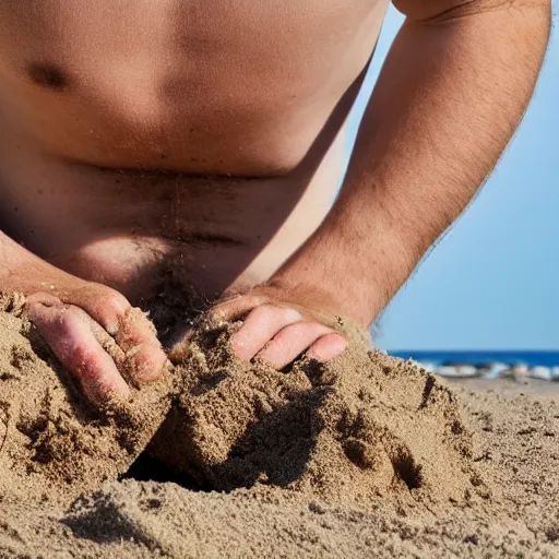 Image similar to beautiful teenage boy with pale skin amd natural brown hair is digging in the sand on a beach. Blue sky. Detailed face. Photo 8K.