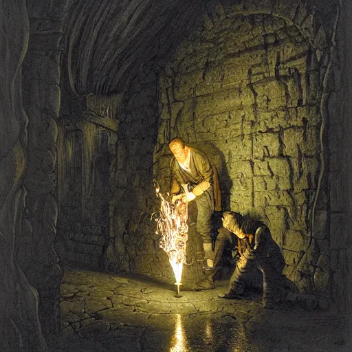 Prompt: an adventurer lights a torch in the depths of a dark dungeon, dramatic lighting, fluid, smooth, bright, colours, high contrast, sharpness, very detailed, intricate, by donato giancola, gustave dore and junji ito and caravaggio