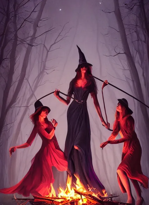 Image similar to three elegant, beautiful witches dancing around a bonfire in the woods at night, vivid colors, dark shadows, contrast, concept art, sharp focus, digital art, Hyper-realistic, 4K, Unreal Engine, Highly Detailed, Dramatic Lighting, Beautiful, by Brom, trending on Artstation, Tom Bagshaw