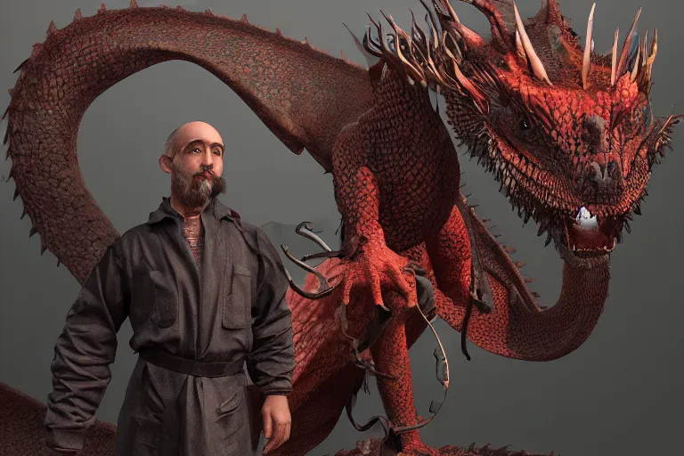 Prompt: a man in a costume next to a dragon, a detailed matte painting by li chevalier, zbrush central contest winner, cloisonnism, reimagined by industrial light and magic, daz 3 d, behance hd