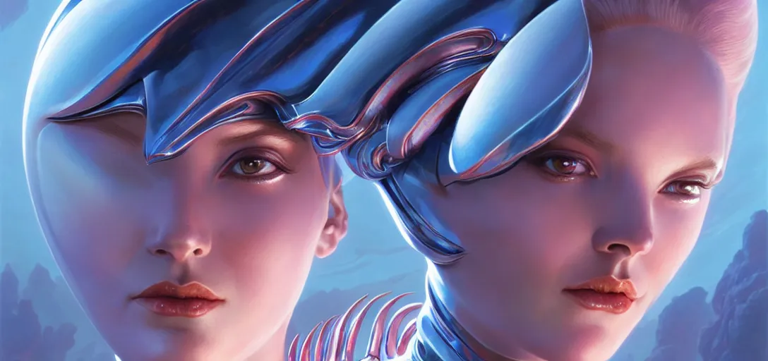 Image similar to face of a beautiful alien girl wearing shiny plastic armor in the style of roger dean and alberto vargas and stefan kostic, realistic, sharp focus, 8 k high definition, insanely detailed, intricate, elegant, art by greg rutkowski and artgerm, extreme blur coral reef background