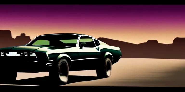 Prompt: a cinematic keyframe matte painting of a sleek 1 9 7 0 s vaporwave concept vehicle retro - futurism sci - fi ford mustang fast back knight rider blacked out car in an open garage in the american southwest, view from the street. in the moonlight. cactus. by eric lafforgue, glennray tutor and edward hopper, greg rutkowski. trending on artstation.