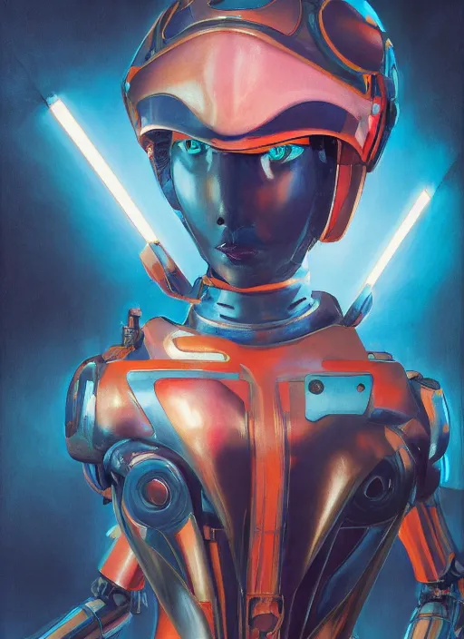 Prompt: ( ( symmetry ) ) closeup portrait of a chrome mech cyborg girl, fashion racer jumpsuit with shoulder pads, cinematic light, windy, teal orange, ( volumetric smoke ), mist, by gerald brom, by mikhail vrubel, by peter elson, muted colors, extreme detail, trending on artstation, 8 k