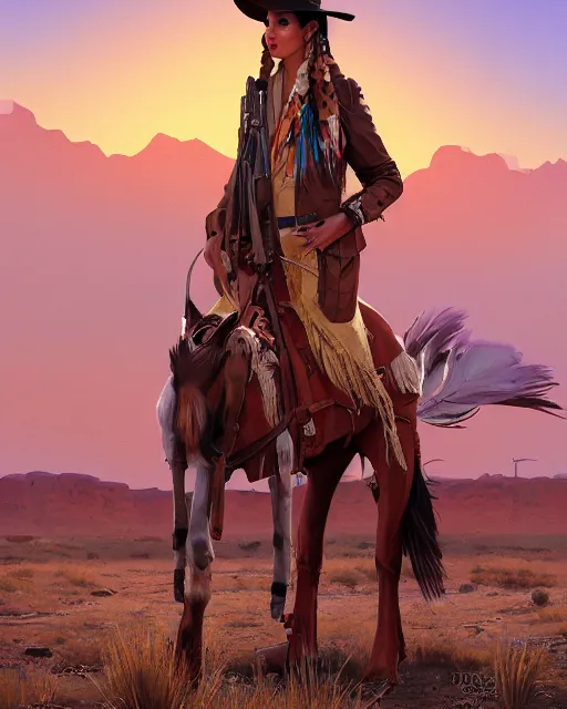 Image similar to the rifle, a gorgeous woman, a native American feather scarf, beige cowgirl hat, western jacket holding a Remington rifle and a bokeh western desert town background at sunset, highly detailed, concept art, hard light digital painting, artstation, concept art, sharp focus, illustration, inspired by greg rutkowski and Frederic Remington