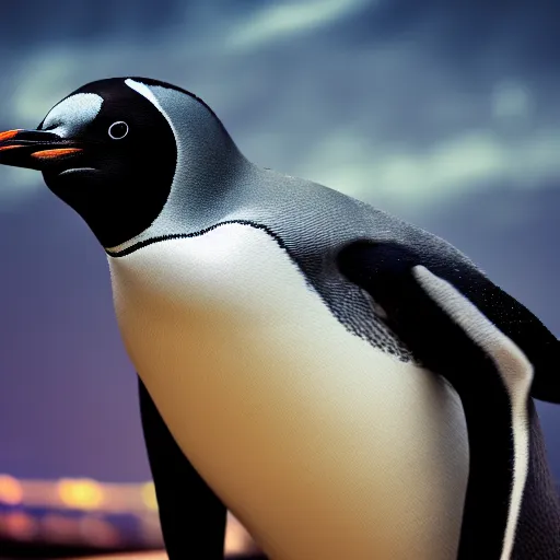 Prompt: portrait photo of a penguin as a jedi, blue and yellow lighting, dark, cinematic, high quality, 4 k