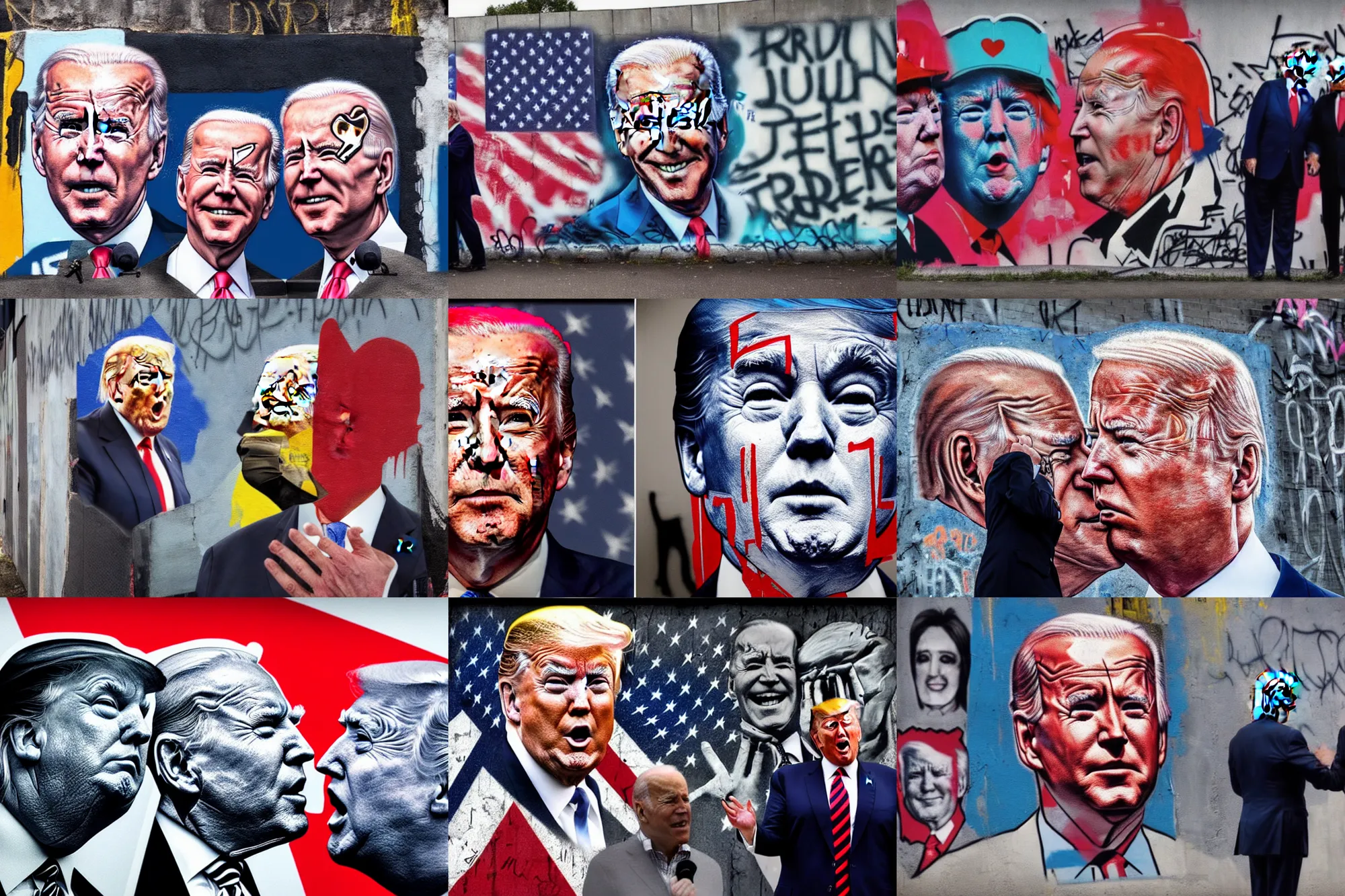 Prompt: ((((((Trump)))))) and Biden!!!!! graffiti on a berlin wall, two leaders kissing, iconic portrait, close shot, dark makeup, dark crown with magical ruby, cinematic, DSLR, Nikon, 8k, hyper realism, detailed, sharp focus, 4k uhd, masterpiece, award winning