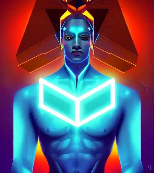 Image similar to symmetry!! egyptian god of technology, solid cube of light, hard edges, product render retro - futuristic poster scifi, lasers and neon circuits, brown skin handsome egyptian god, intricate, elegant, highly detailed, digital painting, artstation, concept art, smooth, sharp focus, illustration, dreamlike, art by artgerm