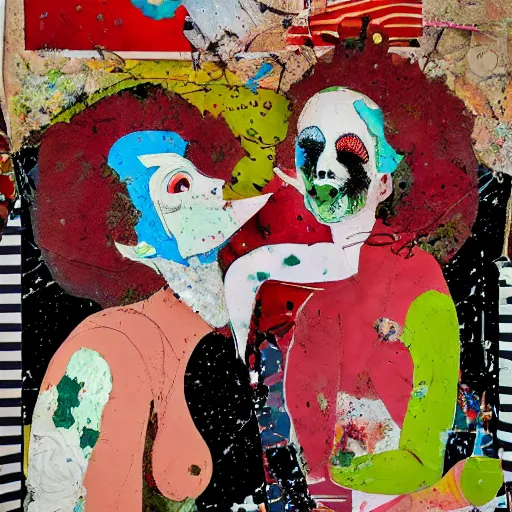 Image similar to two horrifying women kissing at a carnival, mixed media collage, retro, paper collage, magazine collage, acrylic paint splatters, bauhaus, abstract claymation, layered paper art, sapphic visual poetry expressing the utmost of desires by jackson pollock