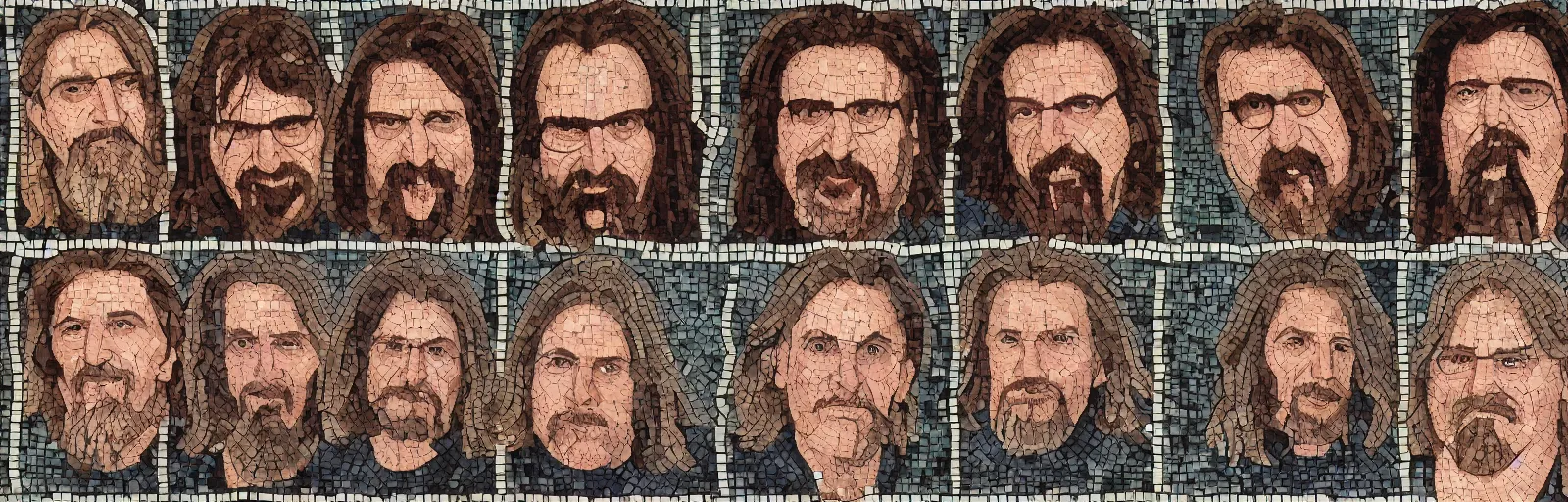 Prompt: a 3-panel roman mosaic of the main characters from the film the big lebowski, the dude, walter, and donnie, 8k