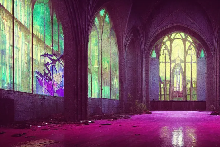 Image similar to abandoned 9 0 s cathedral interior with large organic circular windows, rain like a dream, oil painting, cinematic, dramatic, volumetric lighting, cyberpunk, basquiat + francis bacon + gustav klimt + beeple, elevated street art, fantasy lut, textural, pink, blue, purple, green,