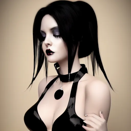 Image similar to curvy feminine goth woman with dignified elaborate tight black-silver nylon and latex ballroom gown, black choker necklace, inviting posture, photorealistic, cgsociety, sublime, 16k, smooth, sharp focus, ArtStation, hyperdetailed, volumetric lighting