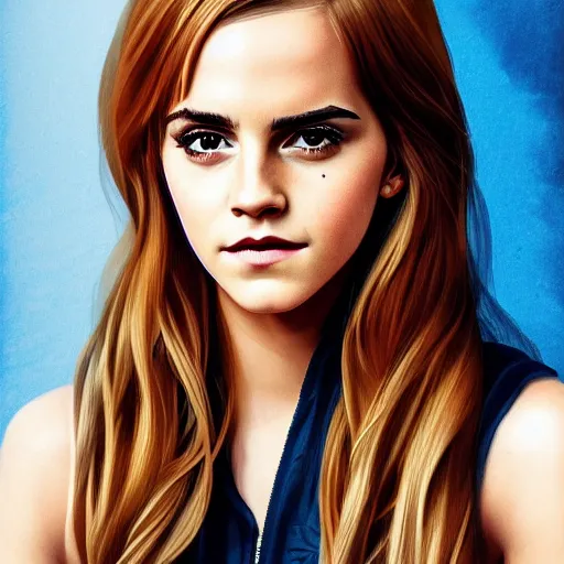 Prompt: portrait of emma watson staring at you, beautiful, long hair, eye contact, high detail, vivid colors, navy background, artstation