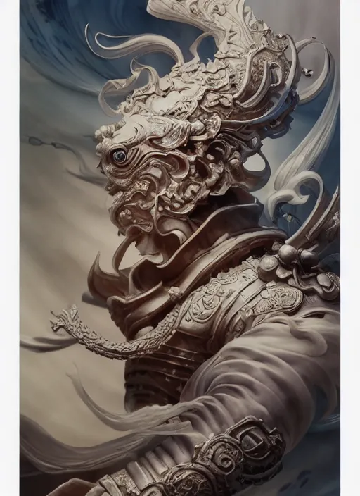 Image similar to subsurface scattering, white, koi, samurai deity with koi armor, art nouveau swirls, epic lighting, octane render, by jesper ejsing, james jean, justin gerard, tomasz alen kopera, cgsociety and fenghua zhong, highly detailed, rim light, art, very coherent, cinematic, hyper realism, high detail, 8 k