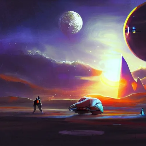 Image similar to A colorful painting of humanoid Aliens of the Sun on a space planet environment with futuristic vehicles, inspired by Keith Mallett, digital art, extremely moody lighting, glowing light and shadow, atmospheric, shadowy, cinematic