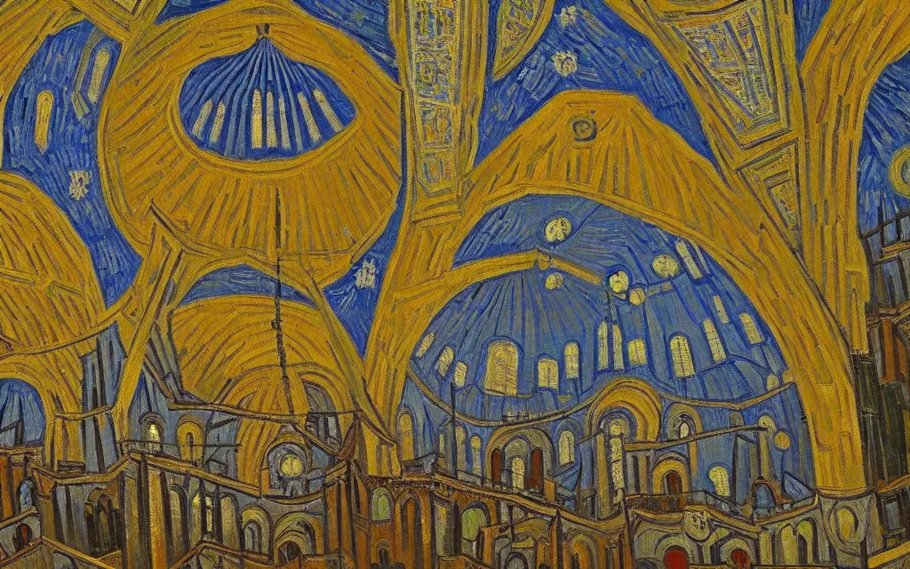 Image similar to detailed expressionist oil painting by van gogh of the hagia sophia church of constantinople, beautiful byzantine architecture, landscape painting, expressionism, 8 k resolution, smooth, sharp focus, matte painting, dramatic lighting, small bushstrokes