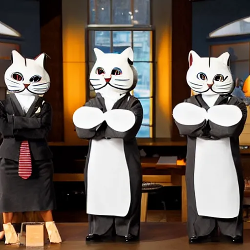 Image similar to anthropomorphic cats competing at masterchef, studio shot