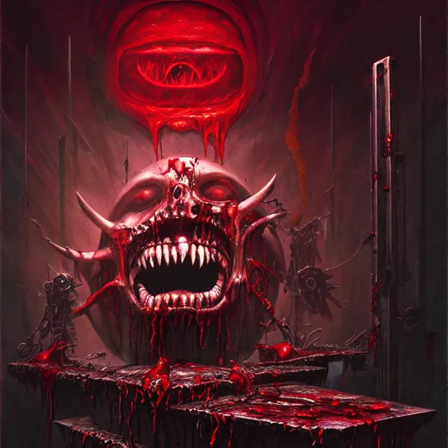 Prompt: painting of a blood drenched futurist altar with a glowing blind eyes and a screaming maw, heavy metal aesthetics, award winning digital art by brom and santiago caruso