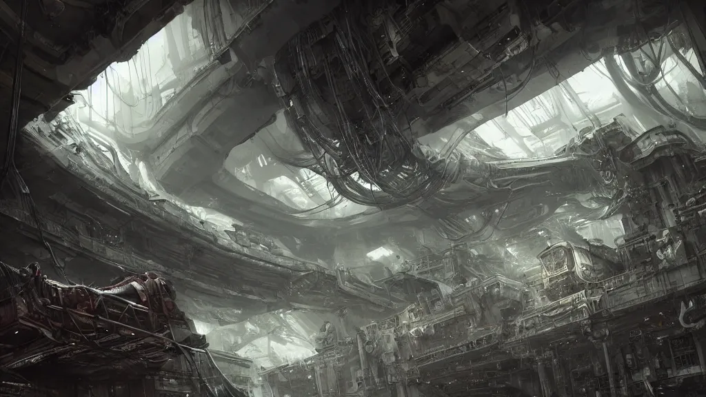 Prompt: a Photorealistic dramatic hyperrealistic,hyper detailed render by Greg Rutkowski,Craig Mullins,Nicolas Bouvier SPARTH, Juan Gimenez,Enki Bilal,ILM of an Epic Sci-Fi, Gigantic Alien xenomorph spaceship inside huge interior hangar,intricate bio mechanical surface details,many tubes and cables hanging from the ceiling,Beautiful dynamic dramatic dark moody lighting,contrast and shadows,Volumetric,Cinematic Atmosphere,Octane Render,Artstation,8k