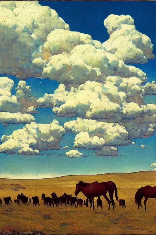 Prompt: towering cumulonimbus clouds looming over a mesa in a sunny western landscape with a herd of wild horses in the foreground by howard pyle by nc wyeth by frederic remington