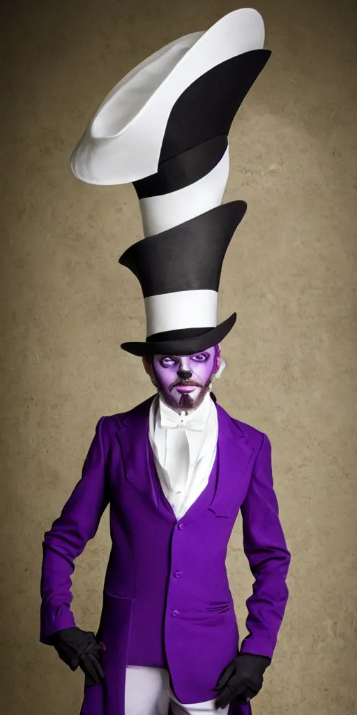 Image similar to a purple skinned tiefling with a goatee wearing a white suit and tophat, purple skin, goatee, by Monia Merlo