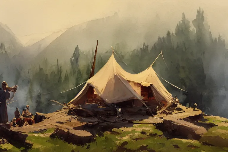 Image similar to small centered on white watercolor paper, paint brush strokes, abstract watercolor painting of scandinavian hunter tent camp, smoking log fire, midday sharp light, cinematic light, american romanticism by hans dahl, by jesper ejsing, by anders zorn, by greg rutkowski, by greg manchess, by tyler edlin