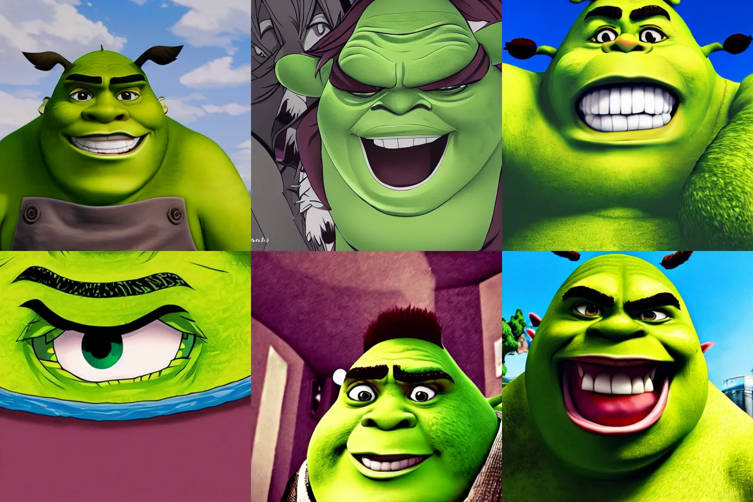 Prompt: angry anime Shrek, worms eye view, low angle