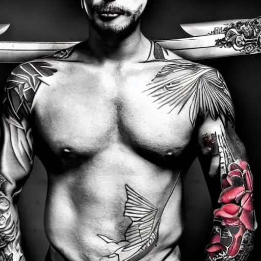 Prompt: muscular bald man, sword in hand, tattooed body, HD, anime,
