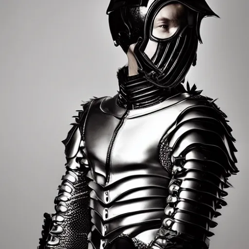 Prompt: a portrait of a beautiful young male wearing an alexander mcqueen armor made of latex , photographed by andrew thomas huang, artistic