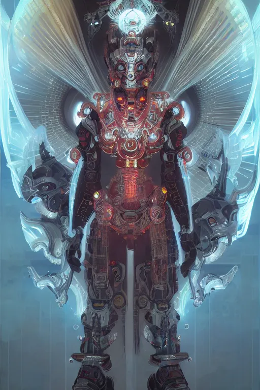 Prompt: asura from chinese myth, ghost, mecha, symmetrical. sci - fi, tech wear, glowing lights, intricate, elegant, highly detailed, digital painting, highly detailed, digital painting, artstation, concept art, smooth, sharp focus, illustration, art by artgerm and greg rutkowski and alphonse mucha