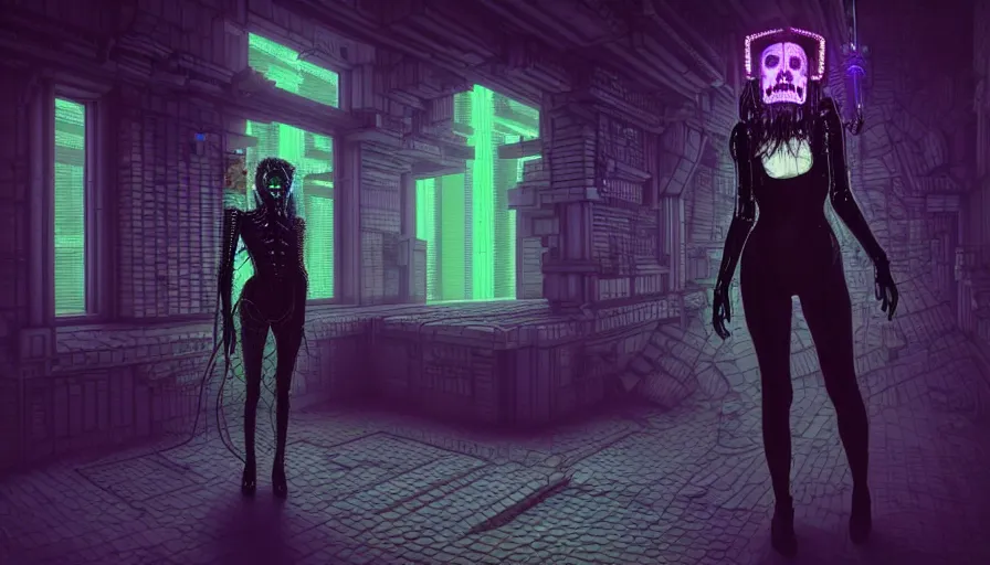 Prompt: full body portrait, a highly detailed, witch, night, death, fear, horror, cyberpunk, cyberpunk futuristic neon, religion, in style of minecraft, by caravaggio, hyperrealism, detailed and intricate environment, unreal engine,