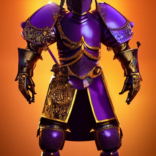 Image similar to a highly detailed knight with glowing purple eyes in a T golden helmet and a golden crown with a blue diamond in the center, golden armor, leather clothes under the armor, leather gloves, holds a black sword, artstation, DeviantArt, professional, octane render, sunset lighting