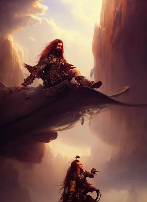 Image similar to portrait painting of a handsome rugged long hair crimson hair male pirate, soft hair steampunk airship in the sky art by raphael lacoste and stephan martiniere greg rutkowski gaston bussiere fantasy soft hair trending on artstation deviantart book cover art concept art key art dramatic volumetric lighting, 4 k, award winning