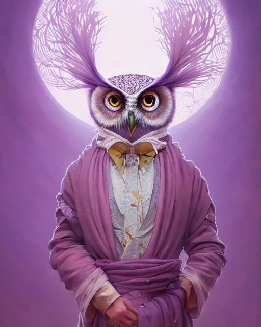 Image similar to anthropomorphic art of an owl king, in a lilac royal robe, by artgerm, victo ngai, ryohei hase, artstation, highly detailed digital painting, smooth, global illumination, fantasy art by greg rutkowsky, karl spitzweg, leyendecker