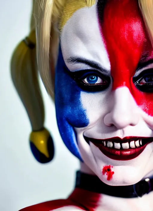 Image similar to photo of a gorgeous harley quinn in the style of derek riggs, realistic, sharp focus, 8 k high definition, insanely detailed, intricate