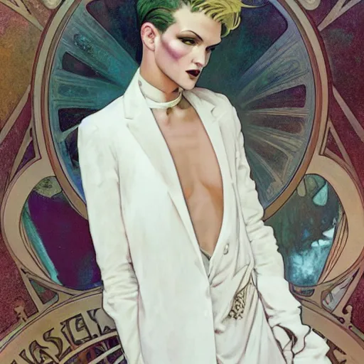 Image similar to beautiful portrait of androgynous ruby rose as desire from sandman in a white tuxedo!!!, rockabilly style,, by alphonse mucha, by jeremy mann, by peter lindbergh, cedric peyravernay, by frank moth, white suit and black tie, soft lightning, high detailed, 8 k