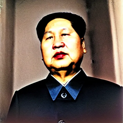 Image similar to mao zedong wearing goth clothing, portrait, polaroid, by nan goldin