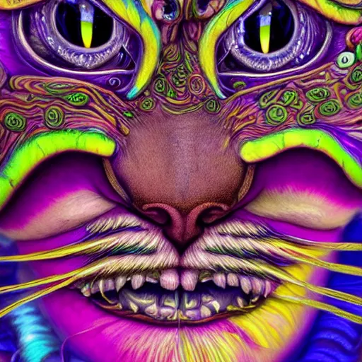 Image similar to An extremely psychedelic portrait of The Cheshire Cat, surreal, LSD, face, detailed, intricate, elegant, lithe, highly detailed, digital painting, artstation, concept art, smooth, sharp focus, illustration