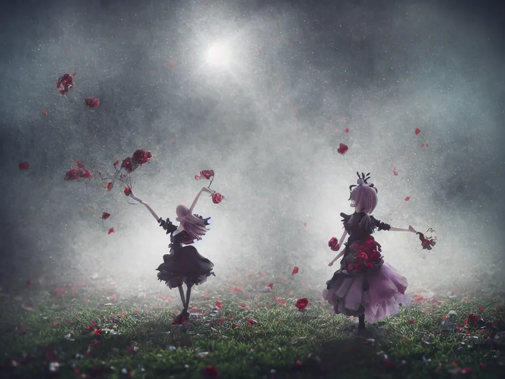 Image similar to cute fumo plush of a gothic maiden girl tossing lots of decayed roses into the air, stale twilight, dust particles in sunbeams, swirling vortices of emissive smoke and volumetric fog over the river, bokeh, 5 0 mm, vignette, vray